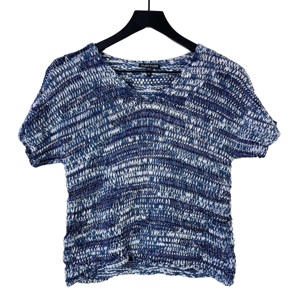 Eileen Fisher (XS) Cotton Viscose Knit Woven V-Neck Top Blue